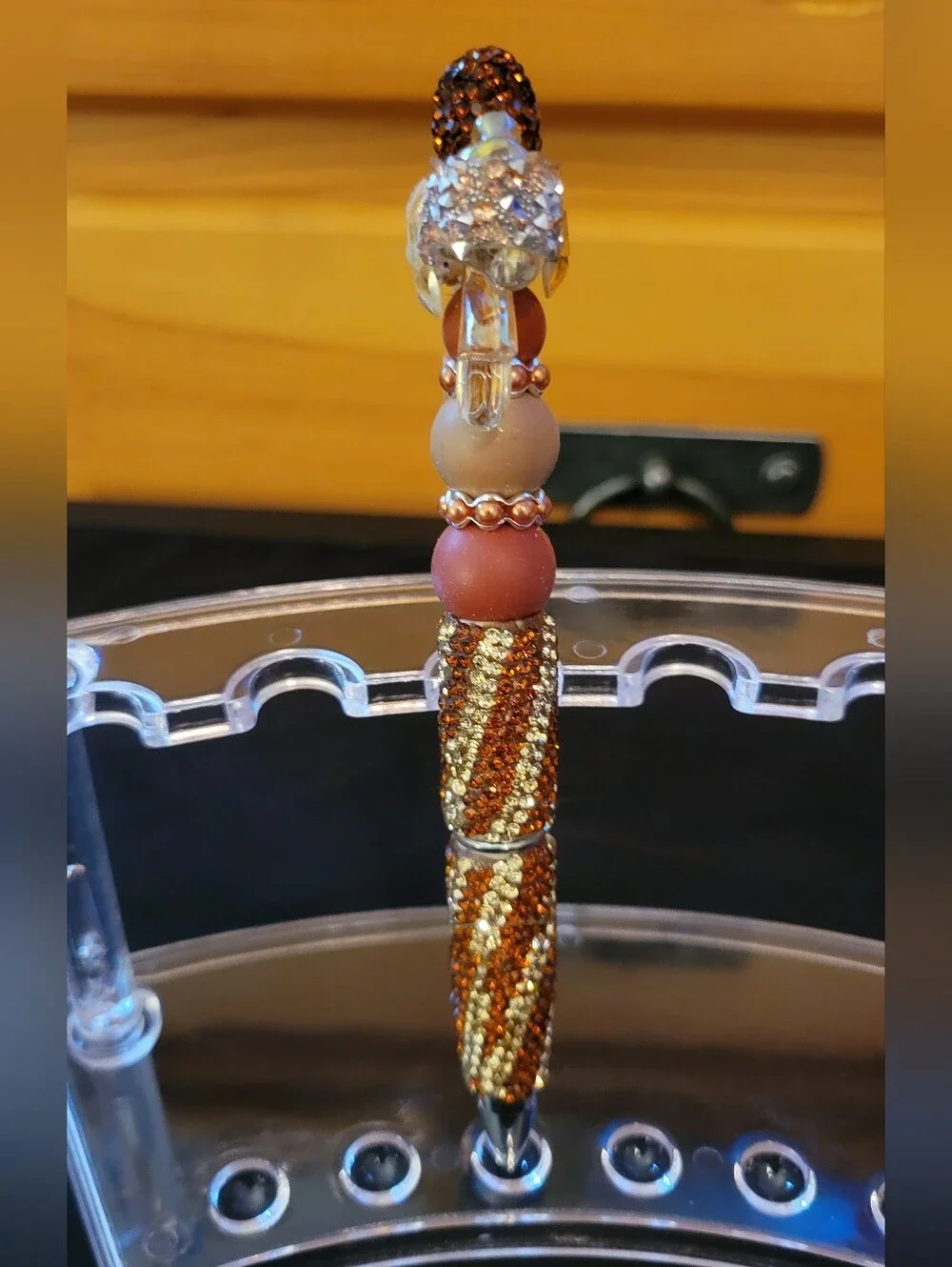 Crystal Bow and Bead Drop Handmade Pen - Brown